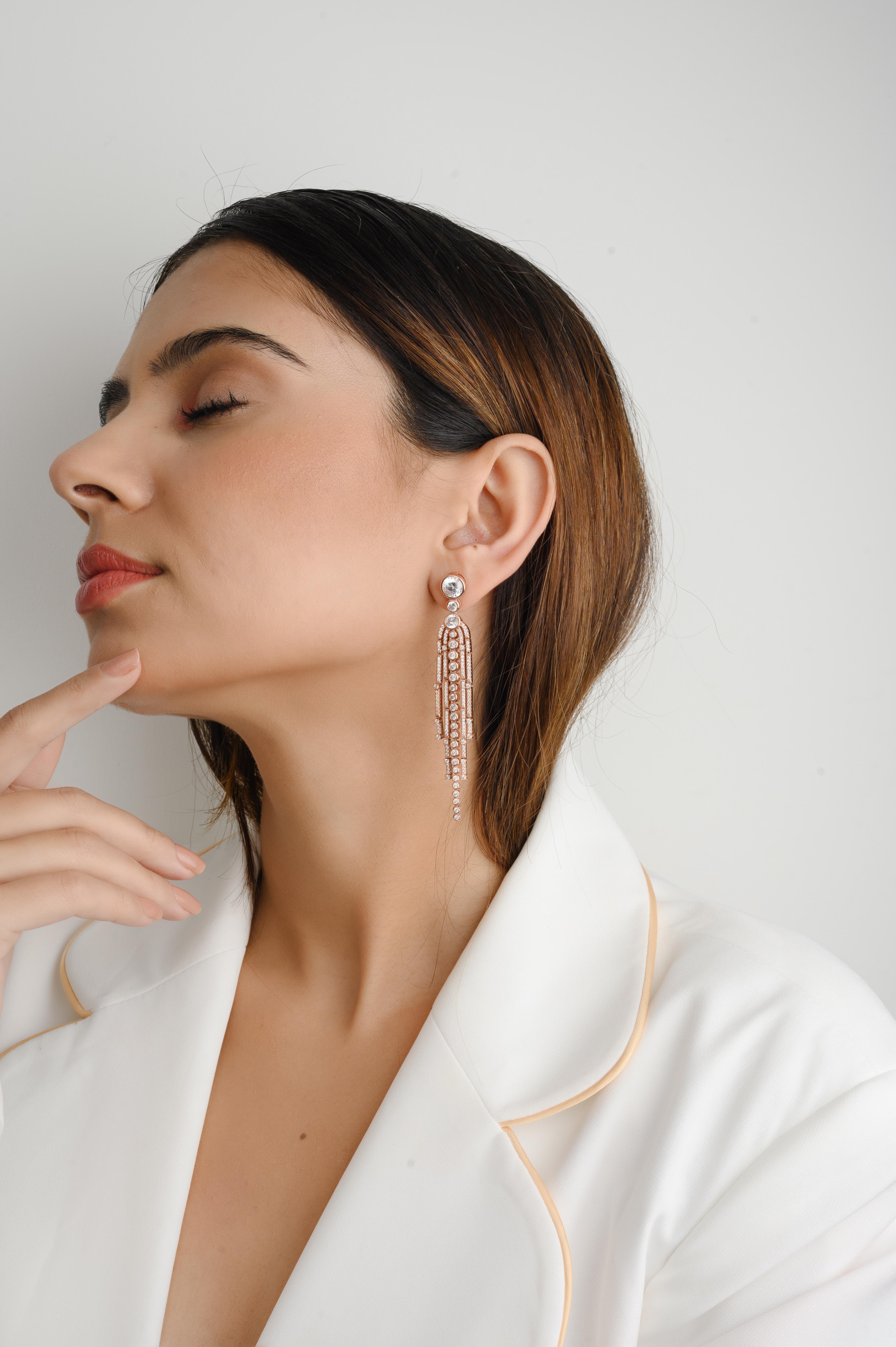 Zircon Shoulder Long Dangle Earrings for Engagement in 925 Sterling Silver For Sale 2