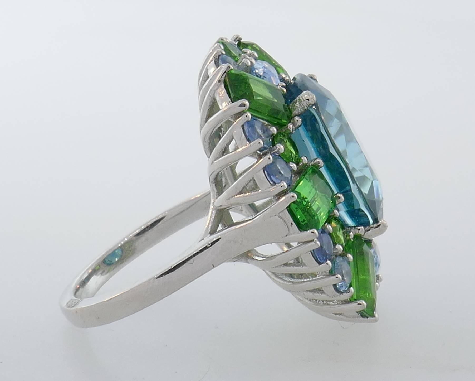 Zircon Tsavorite Aquamarine Gold Earrings and Ring Set, 1980s 2