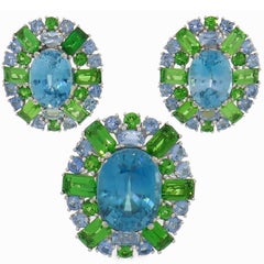 Zircon Tsavorite Aquamarine Gold Earrings and Ring Set, 1980s