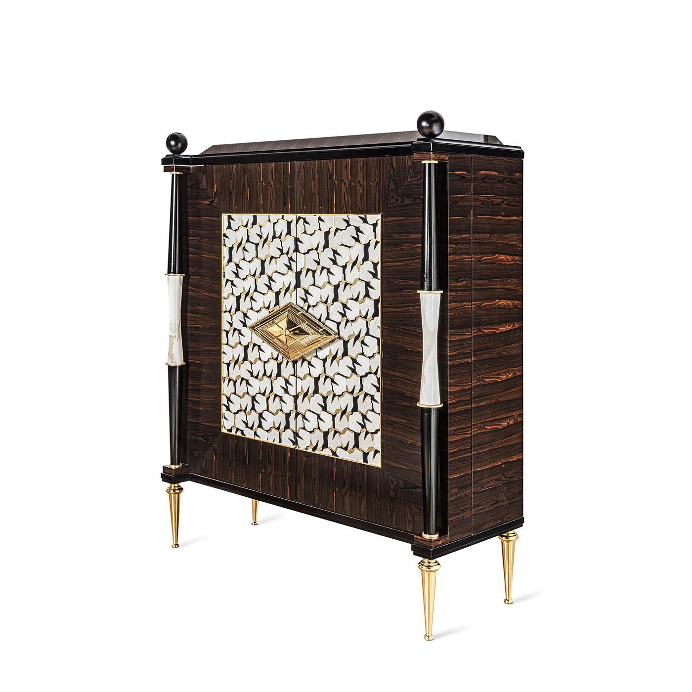 Ziricote wood bar cabinet with blanched maple and brass inlays. Marble columns support the sturdy construction, which is enhanced with brass ornaments.