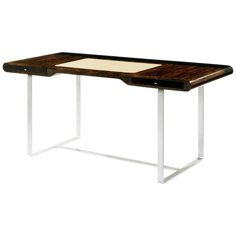 Ziricotte Wood Desk "Litle Shanghai" with Leather Top and Silver Leg For Sale