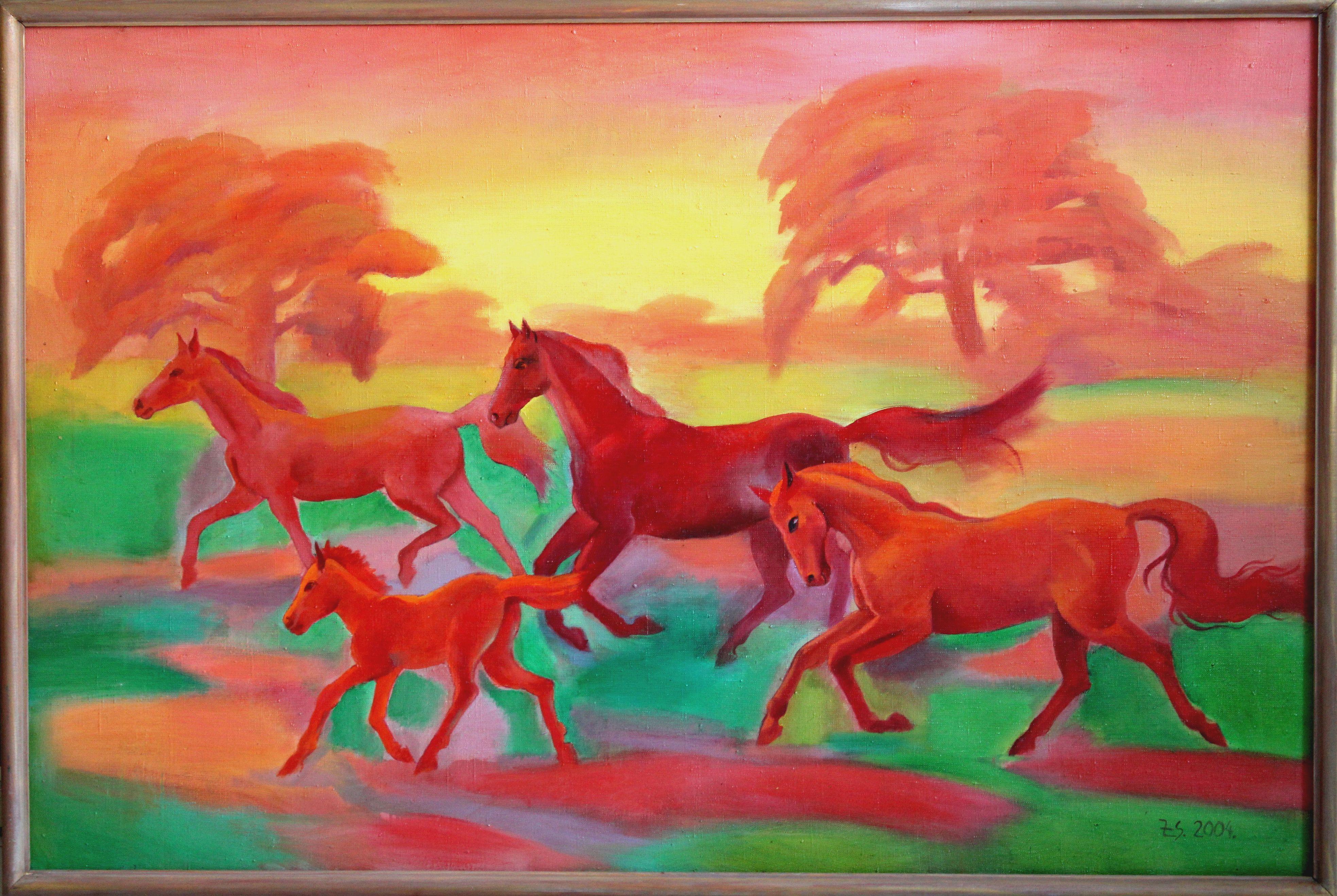 Caballos del sol. Óleo sobre lienzo, 80x120 cm - Painting de Zita Sudnika