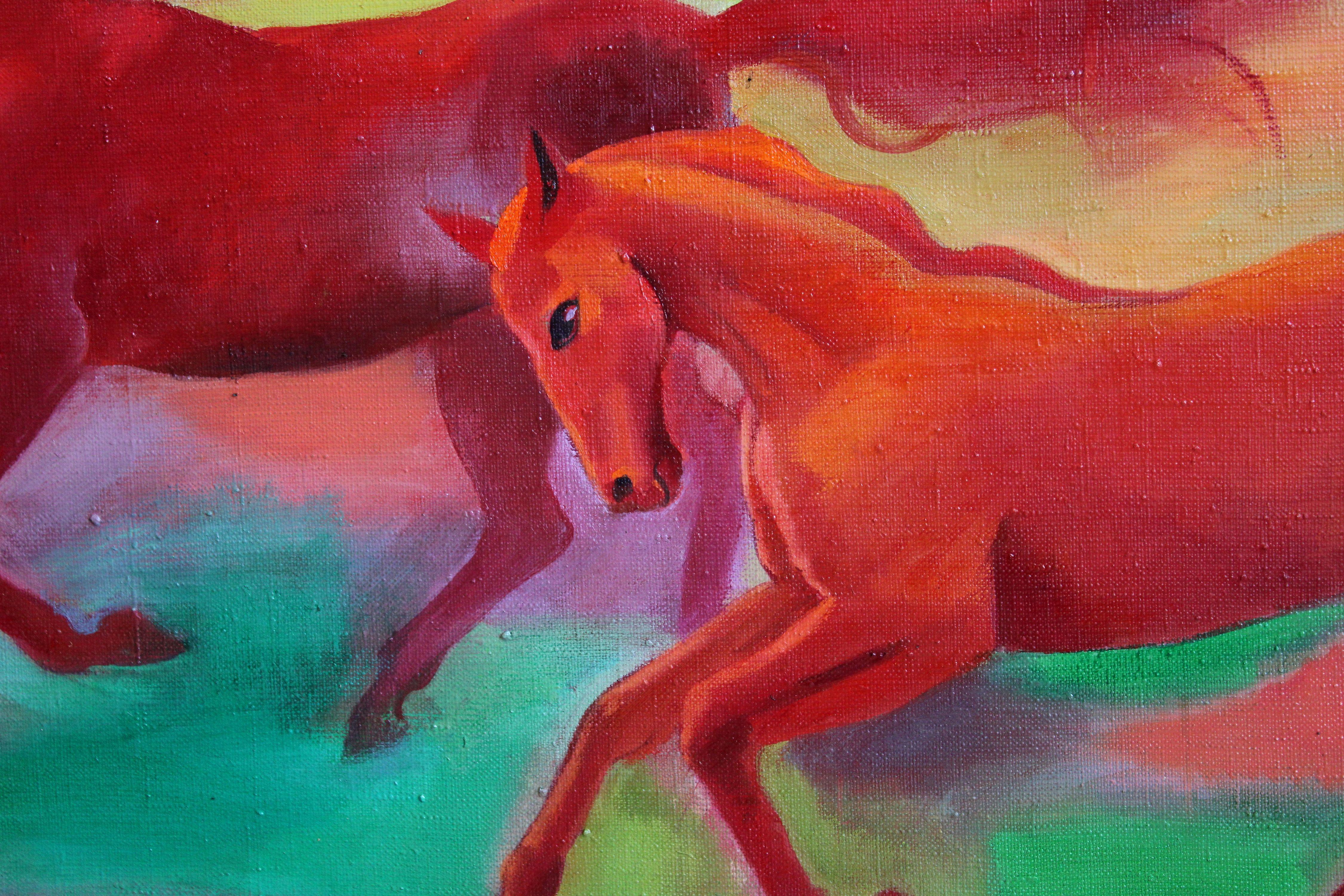Zita Sudnika, Caballos del sol. 2004. Óleo sobre lienzo, 80x120 cm

Pintura dinámica y vívida que capta la energía de los caballos corriendo con el telón de fondo de una puesta de sol anaranjada. La puesta de sol crea un asombroso degradado, pasando