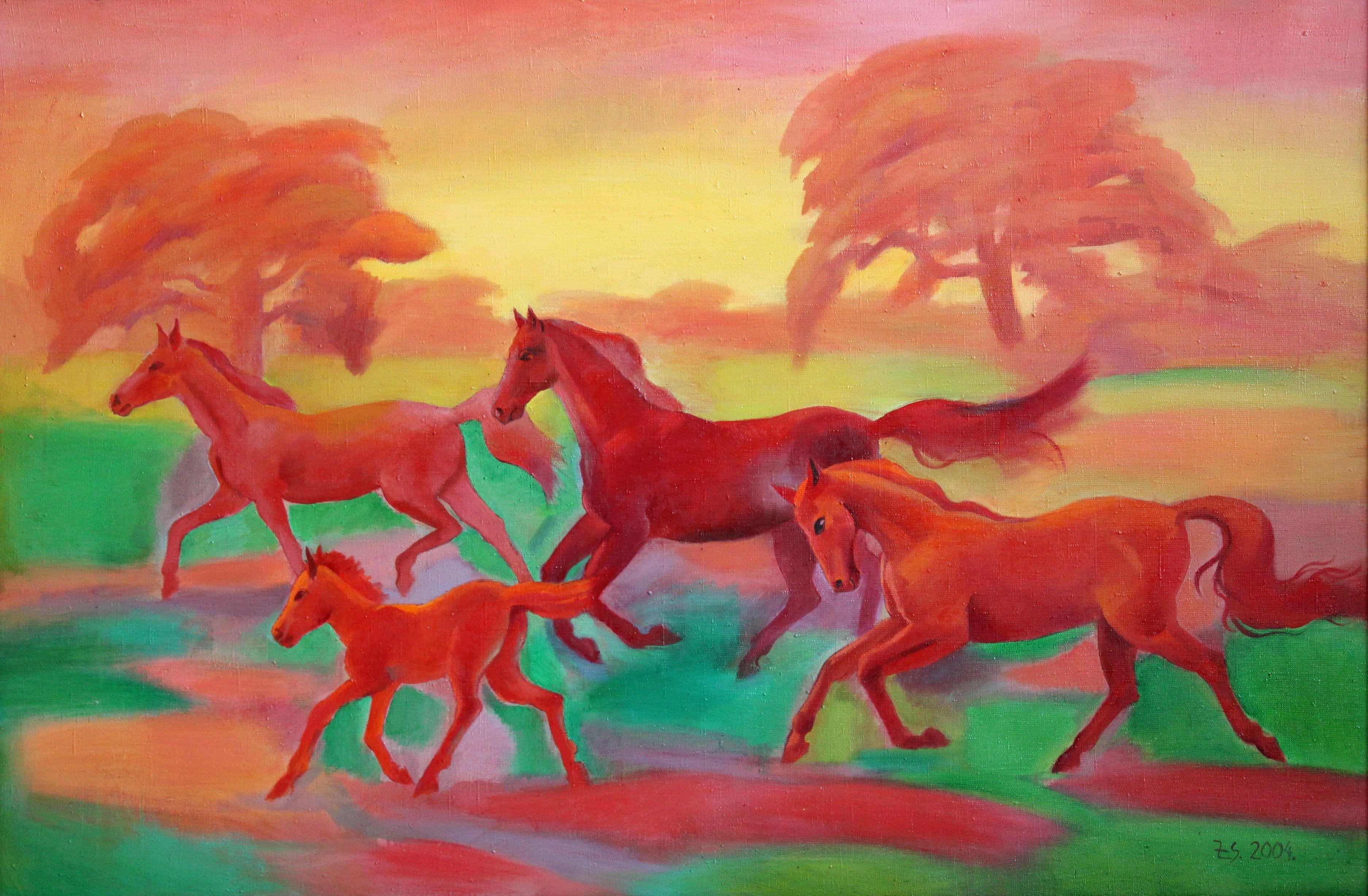 Animal Painting de Zita Sudnika - Caballos del sol. Óleo sobre lienzo, 80x120 cm
