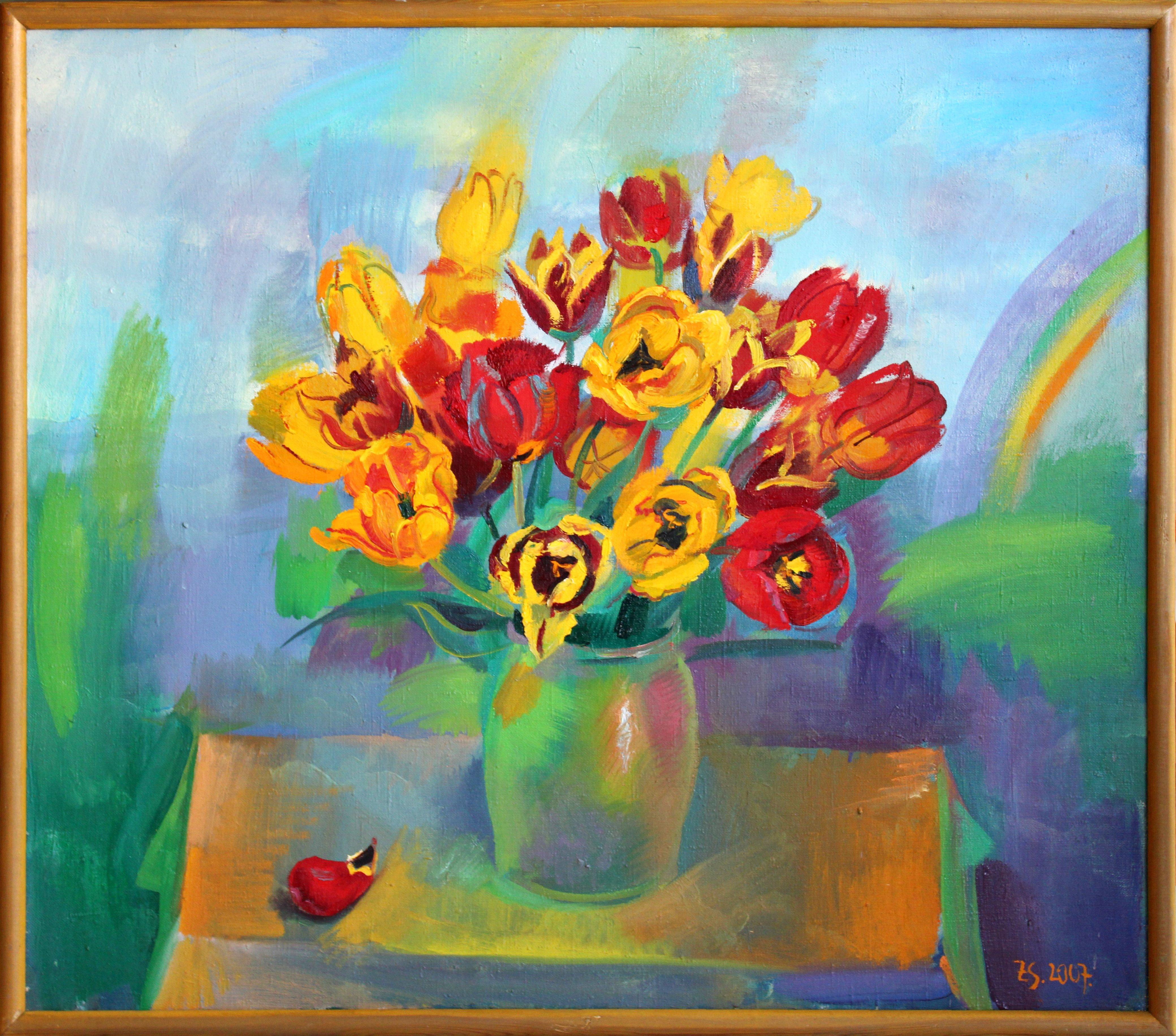 Tulpen mit einem Regenbogen. Öl auf Leinwand, 70x80 cm, Öl – Painting von Zita Sudnika