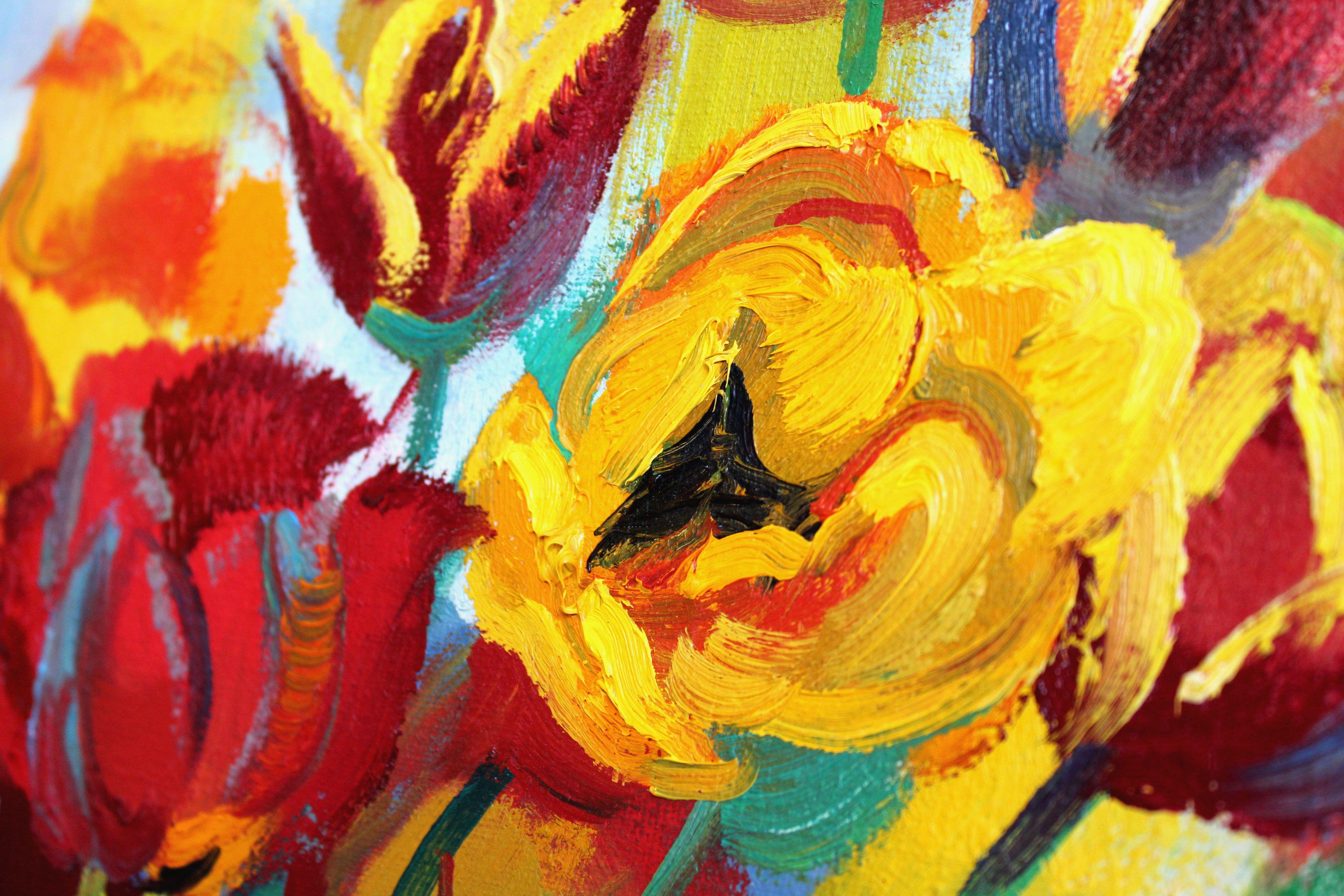 Tulpen mit einem Regenbogen. Öl auf Leinwand, 70x80 cm, Öl (Braun), Still-Life Painting, von Zita Sudnika