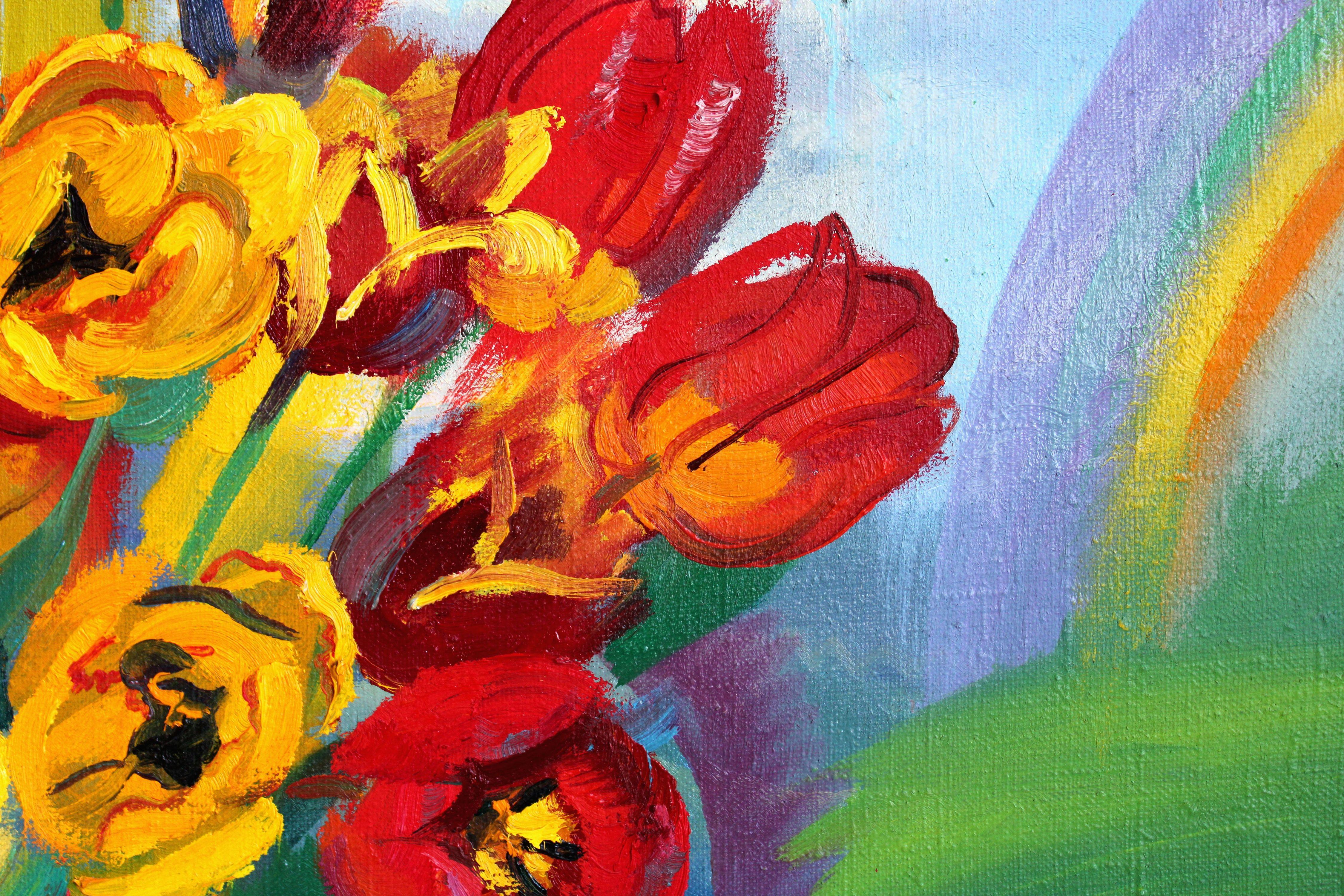 Tulpen mit einem Regenbogen. Öl auf Leinwand, 70x80 cm, Öl im Angebot 2