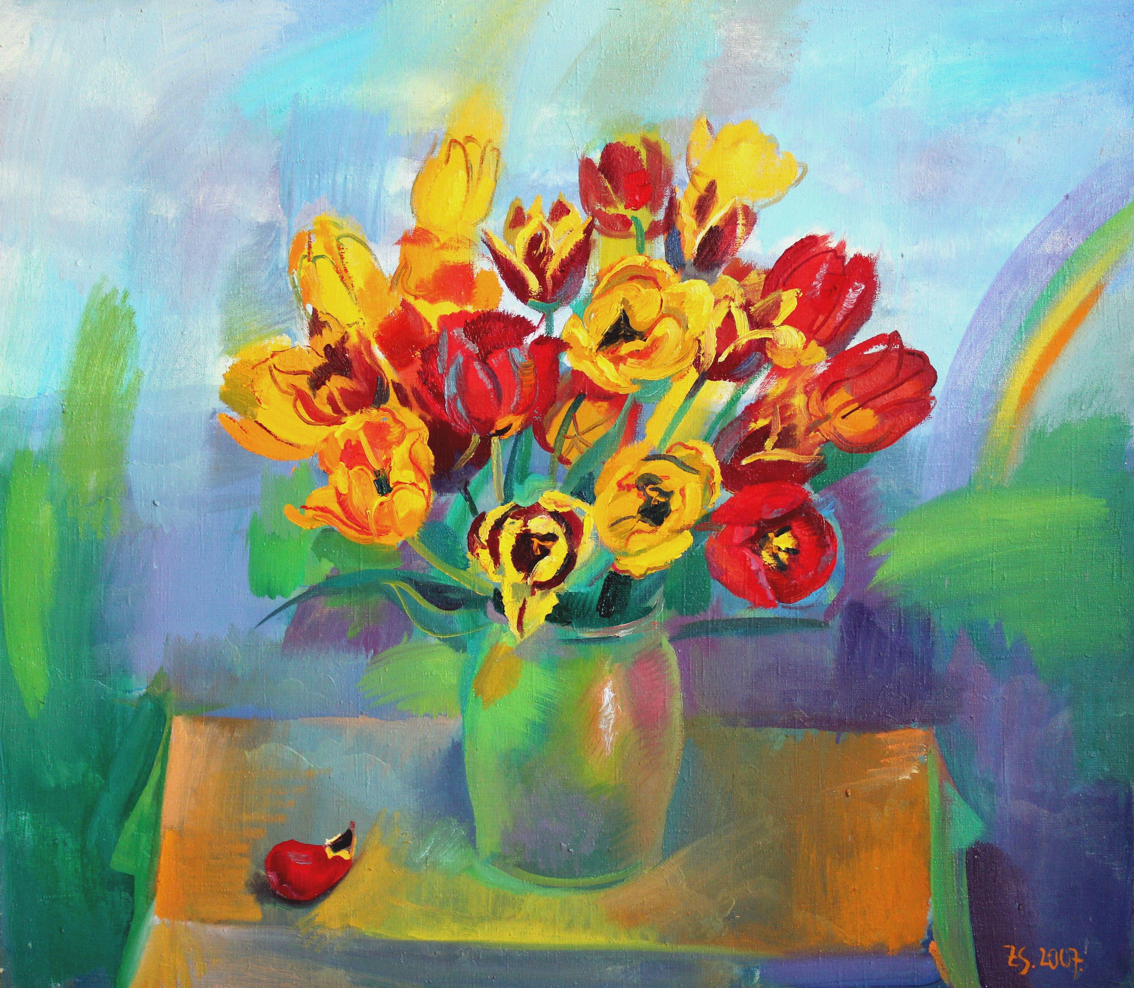 Tulpen mit einem Regenbogen. Öl auf Leinwand, 70x80 cm, Öl