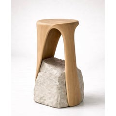 Zitō Unique Sculptural Stool in Solid Oak Wood & Stone by Andres Monnier