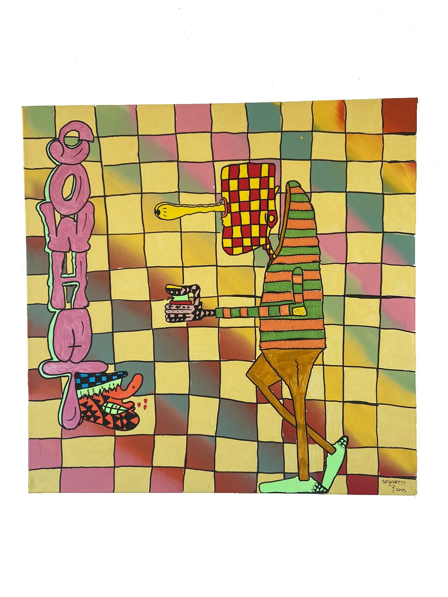Pintura en spray, colores acrílicos y rotuladores sobre lienzo

Ziv Lahat alias SOWHAT!!! es un artista israelí nacido en 1981 en Abiyán, Costa de Marfil, de padres israelíes de origen egipcio y tunecino, que vive y trabaja en Hezrliva, Israel. He