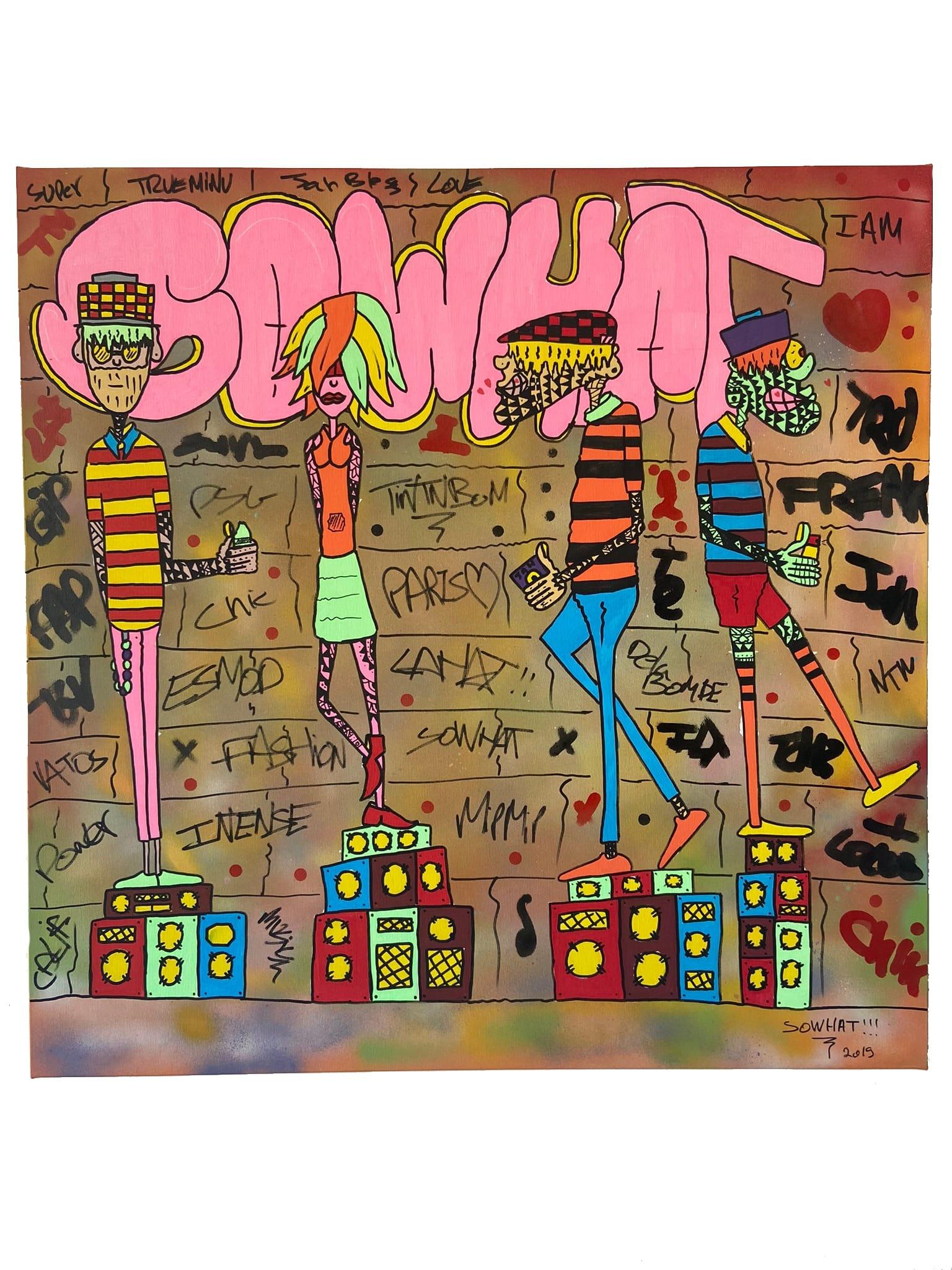 Pintura en spray, exprimidores y rotuladores acrílicos sobre lienzo

Ziv Lahat alias SOWHAT!!! es un artista israelí nacido en 1981 en Abiyán, Costa de Marfil, de padres israelíes de origen egipcio y tunecino, que vive y trabaja en Hezrliva, Israel.