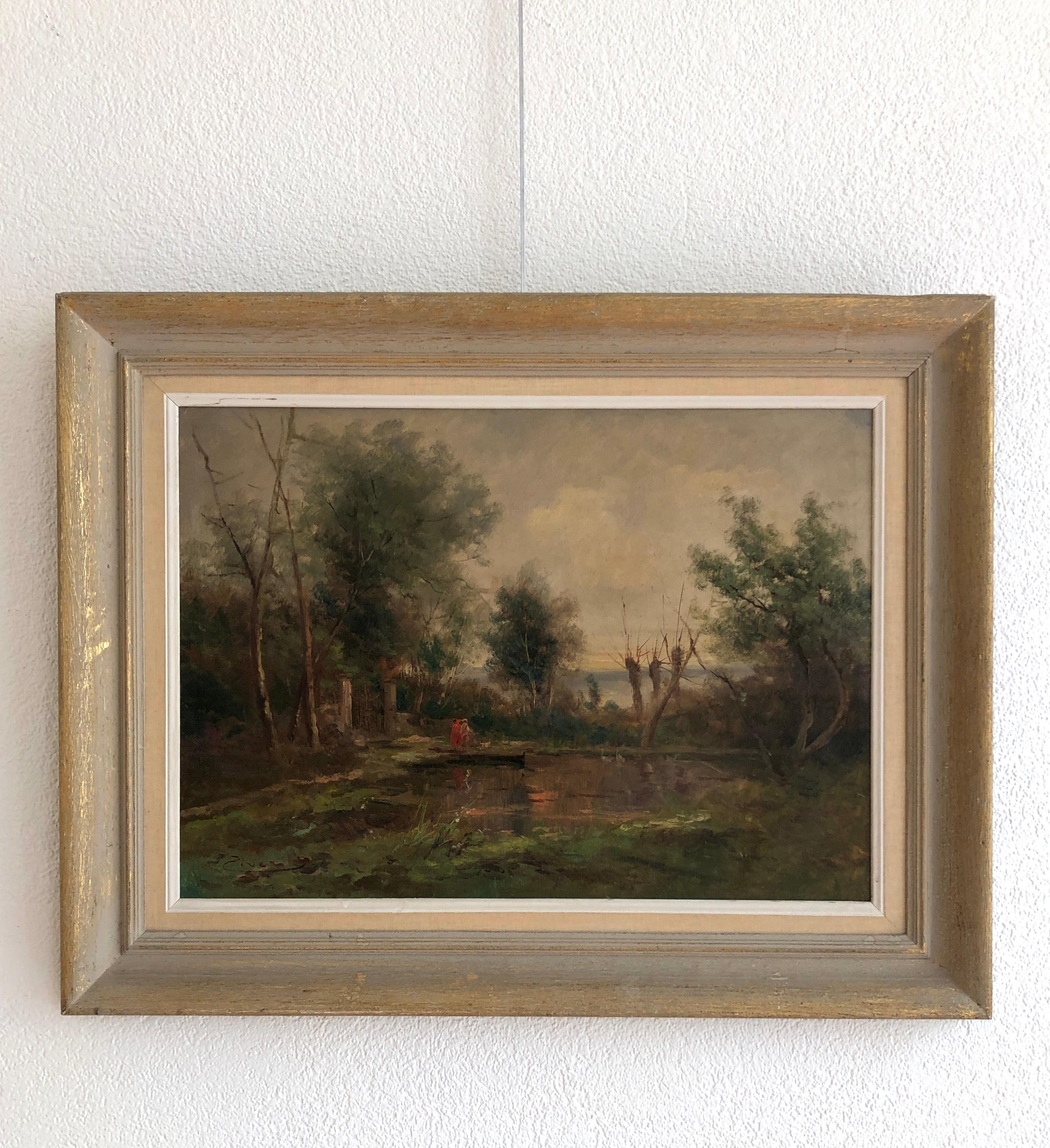 Ensemble lors d'une promenade autour de l'étang avec chien et cygnes - Painting de Ziveri