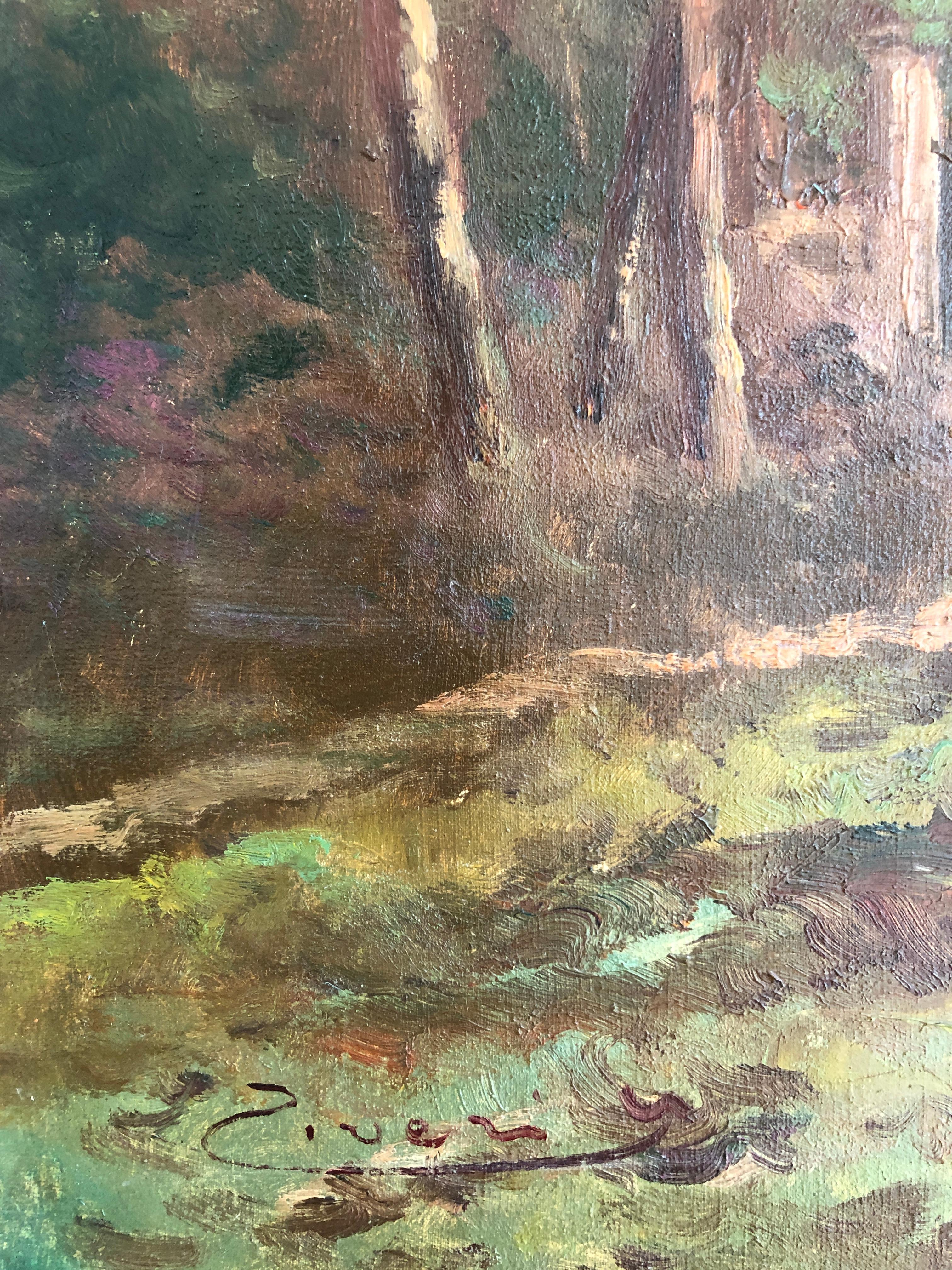 Ensemble lors d'une promenade autour de l'étang avec chien et cygnes - Noir Landscape Painting par Ziveri