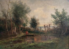 Couple on a walk around the pond with dog and swans