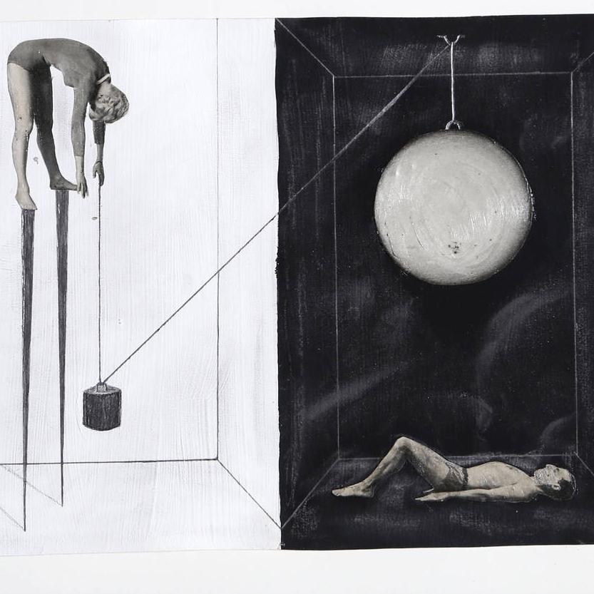 Untitled - Pulley System, Surrealist Mixed Media on Paper by Zizi Raymond For Sale 2