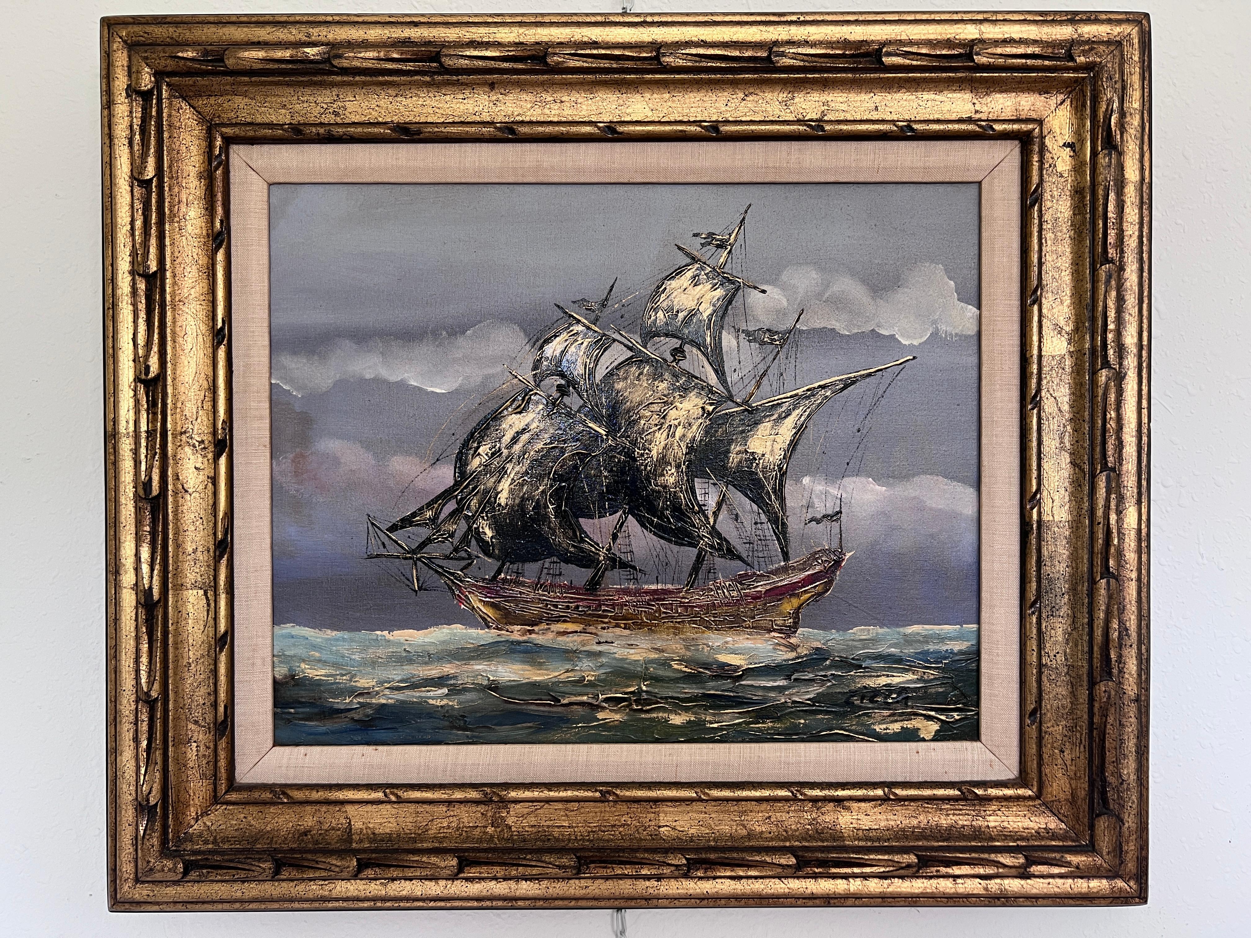 Vintage Seascape Oil Painting on Canvas Signed Zizza  Framed, Nautical Art For Sale 1