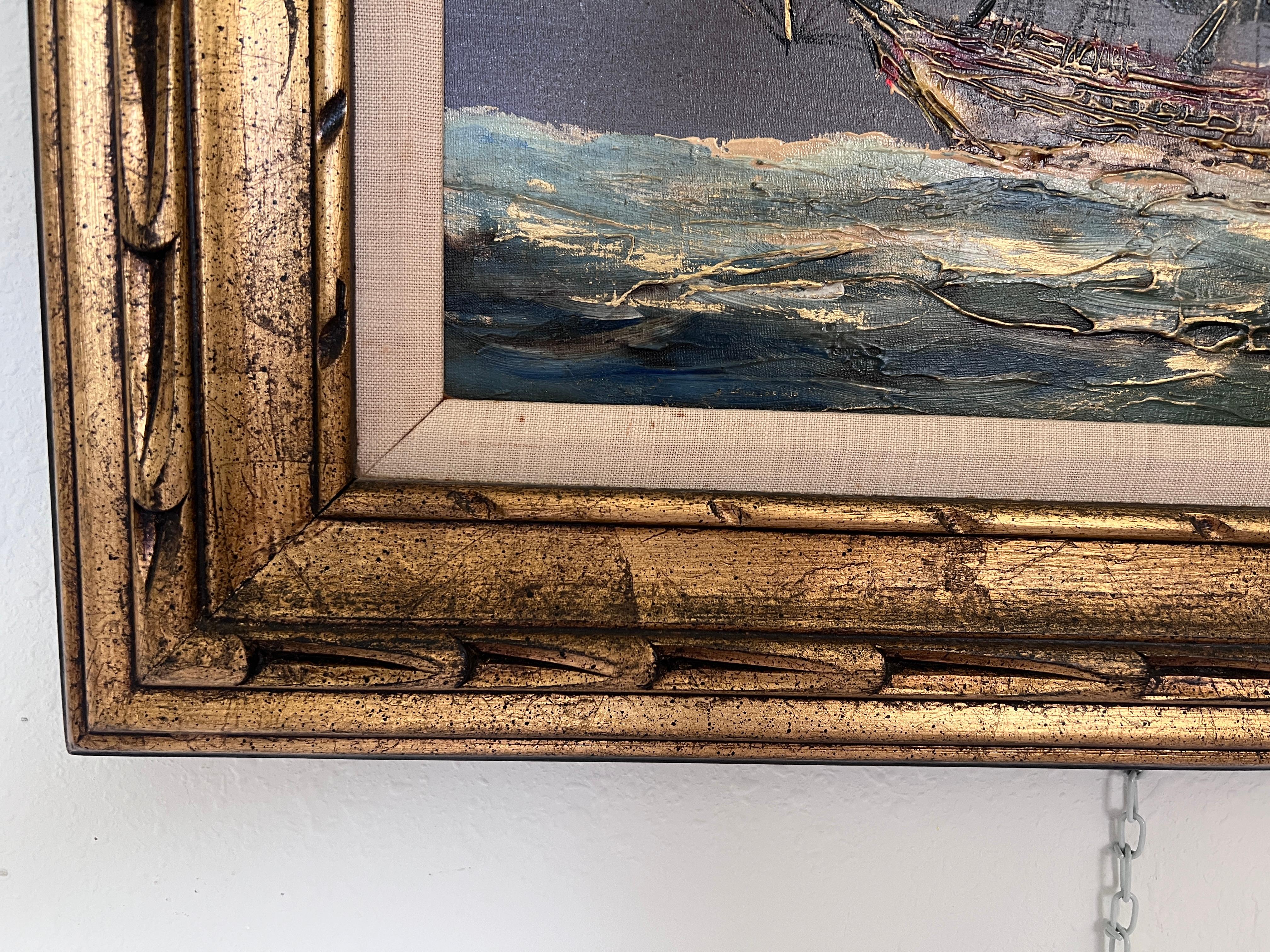 Vintage Seascape Oil Painting on Canvas Signed Zizza  Framed, Nautical Art For Sale 3