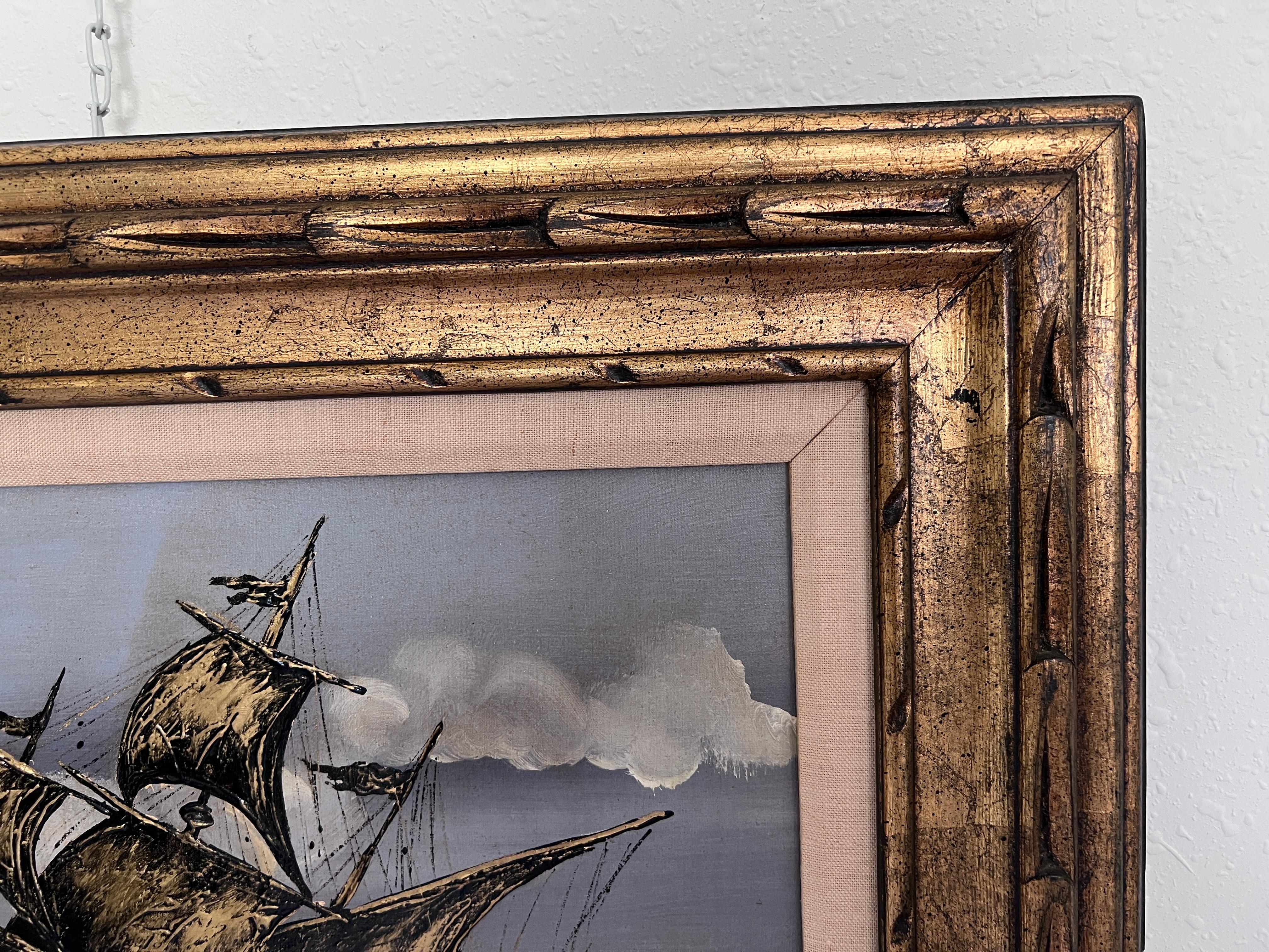 Vintage Seascape Oil Painting on Canvas Signed Zizza  Framed, Nautical Art For Sale 5