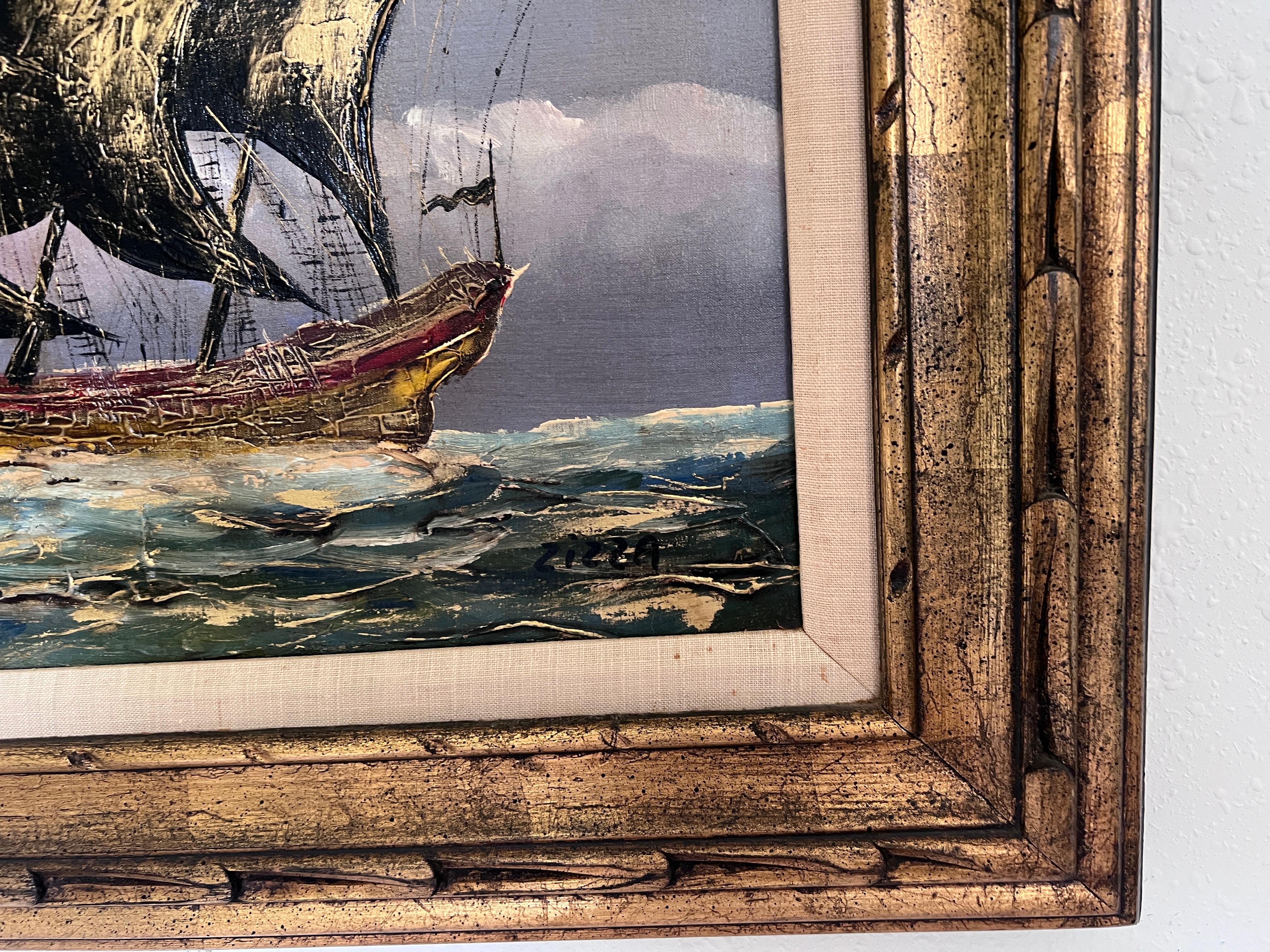 Vintage Seascape Oil Painting on Canvas Signed Zizza  Framed, Nautical Art For Sale 6