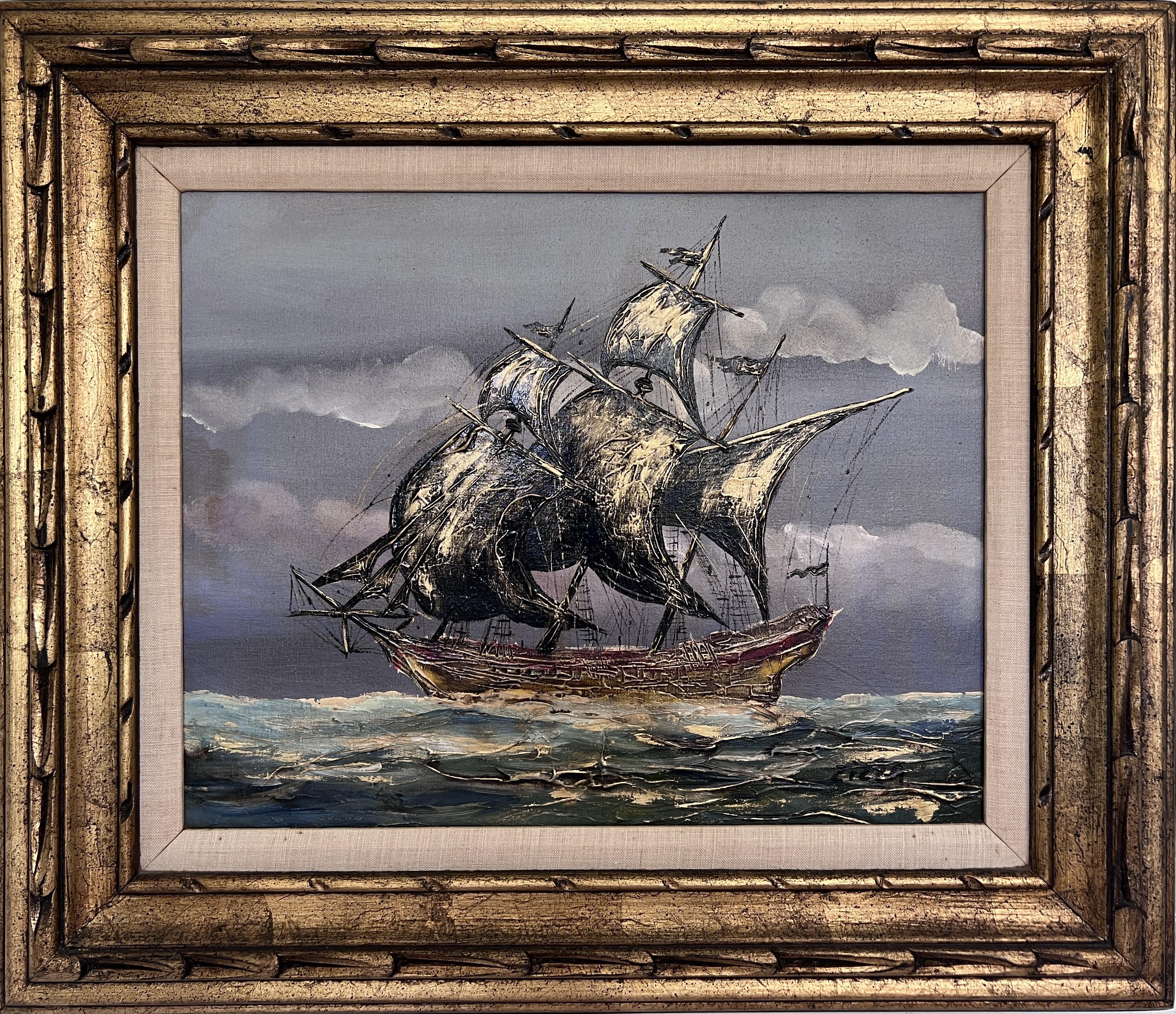 This is a striking vintage oil painting on canvas, signed by artist Zizza, featuring a dramatic seascape with a tall ship navigating turbulent waters under a stormy sky. The rich impasto technique brings depth and motion to the waves and sails,