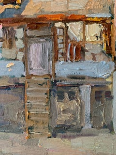 A courtyard in Odessa  - Landscape Painting Colors Blue White Yellow Brown Green