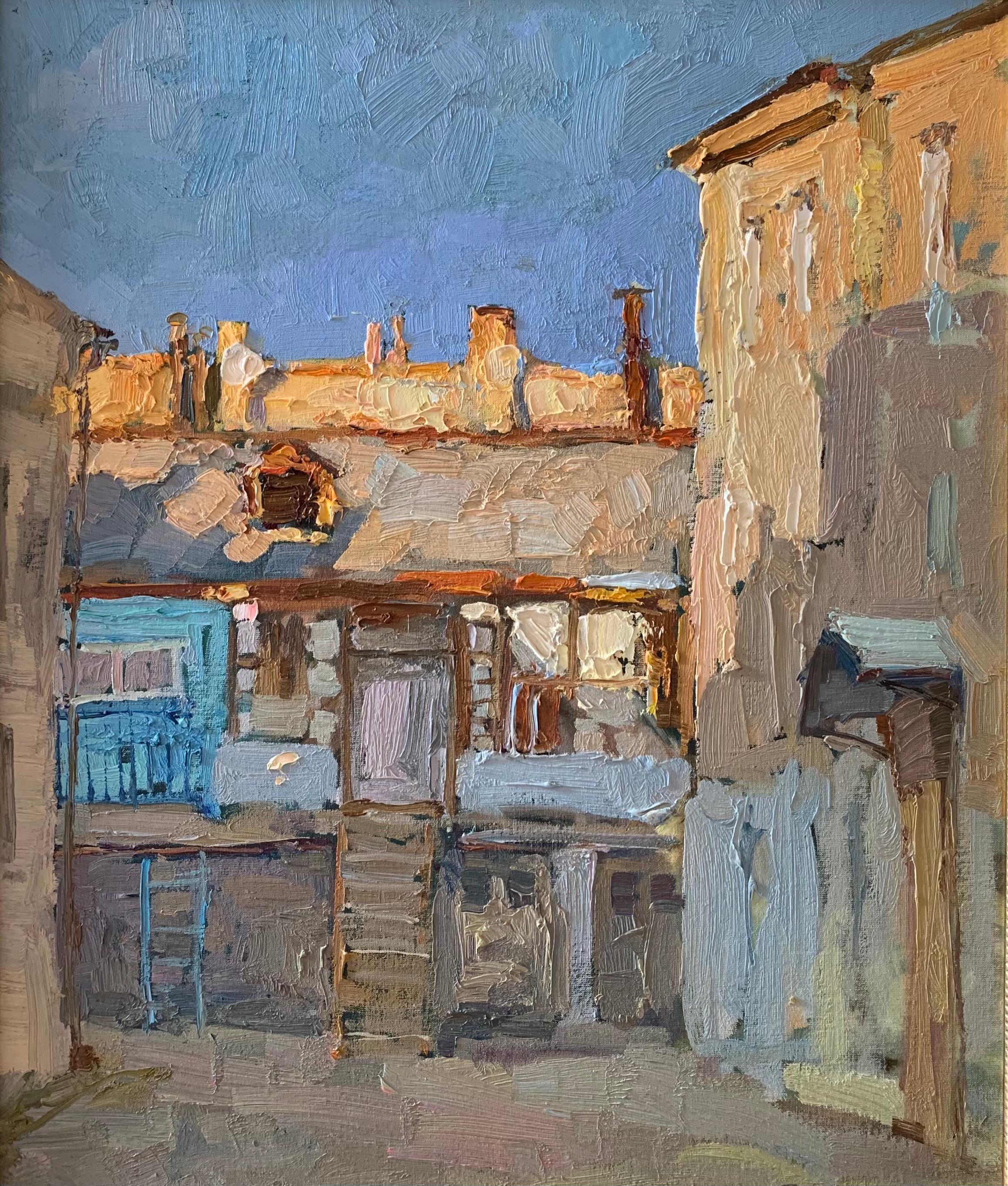 A courtyard in Odessa  - Landscape Painting Colors Blue White Yellow Brown Green