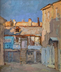 Une cour à Odessa  - Peinture - Paysage Couleurs Bleu Blanc Jaune Brun Vert