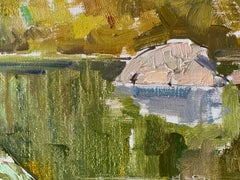 Guardians of the River ( Gardiens de la rivière) - Peinture de paysage Couleurs Bleu Blanc Jaune Brun Vert