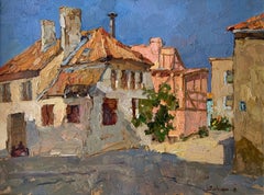 Klaipeda Old Town - Landscape Painting Colors Blue White Yellow Brown Green