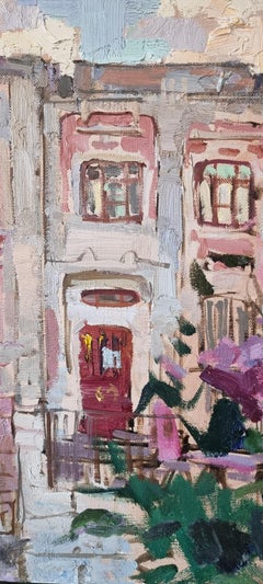 Mansion with Roses - Landscape Painting Yellow Pink Lila Blue White Brown Beige