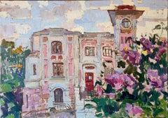 Mansion avec roses - Peinture de paysage jaune, rose, lilas, bleu, blanc, brun et beige