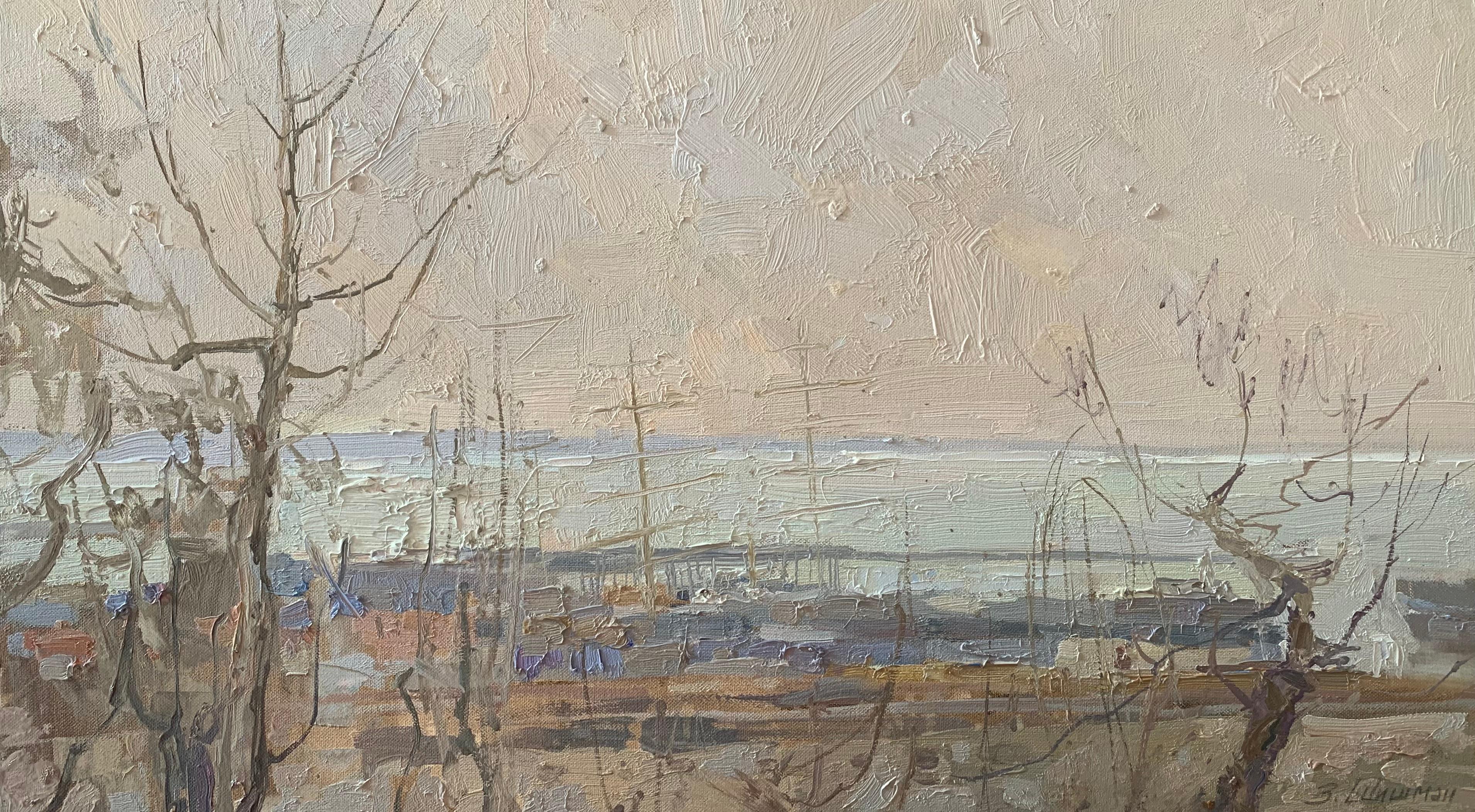 Landscape Painting di Zlata Shyshman - Nebbia sul mare - Pittura di paesaggio Colori Blu Bianco Giallo Marrone Verde