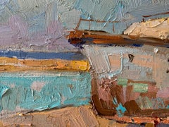 Odessa Boat - Landscape Oil Canvas Painting Colours Blue White Brown Beige