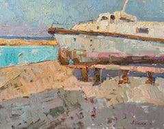 Odessa Boat - Landscape Oil Canvas Painting Colours Blue White Brown Beige
