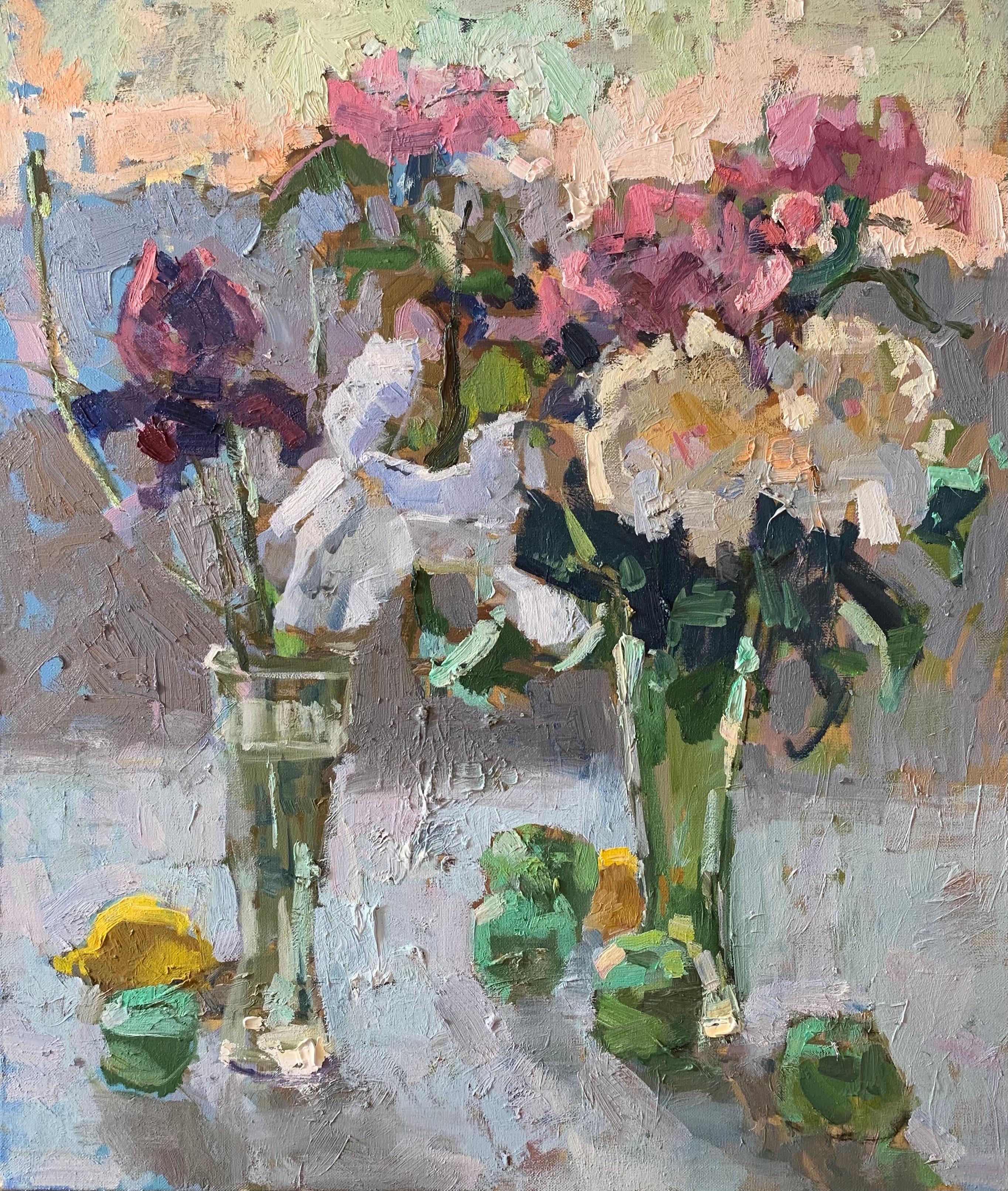 Scent of May - Still Life Oil Canvas Painting Purple Blue White Brown Yellow
