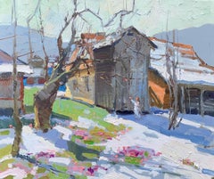 Spring - Landscape Oil Canvas Painting Colours Blue White Brown Beige