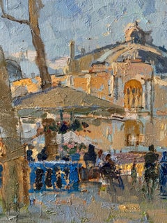 Terrazze d'estate - Paesaggio dipinto su tela a olio Colori Blu Bianco Marrone Beige