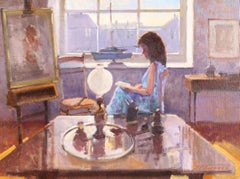 Signora nello studio dell'artista - Bellissimo ritratto a olio con luce diffusa