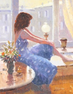 Dame dans le Studio de l'Artistics - Belle peinture à l'huile avec lumière rasante