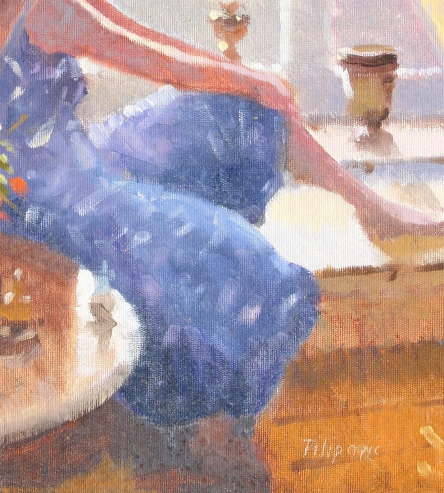 Ein schönes impressionistisches Öl auf Leinwand von Zlatan Pilipovic, das eine Dame im Atelier des Künstlers darstellt. Das Werk ist sehr gut gemalt, mit einem wunderbaren, für den Künstler typischen, gedämpften Licht. Ein herausragendes Beispiel