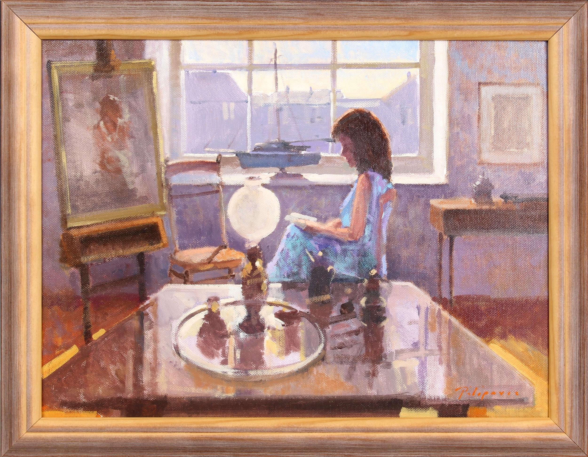 Zlatan Pilipovic Figurative Painting - Lady in the Artist's Studio - Beautiful Dappled Light Portrait Oil Painting