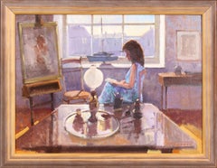 Retro Lady in the Artist's Studio - Beautiful Dappled Light Portrait Oil Painting