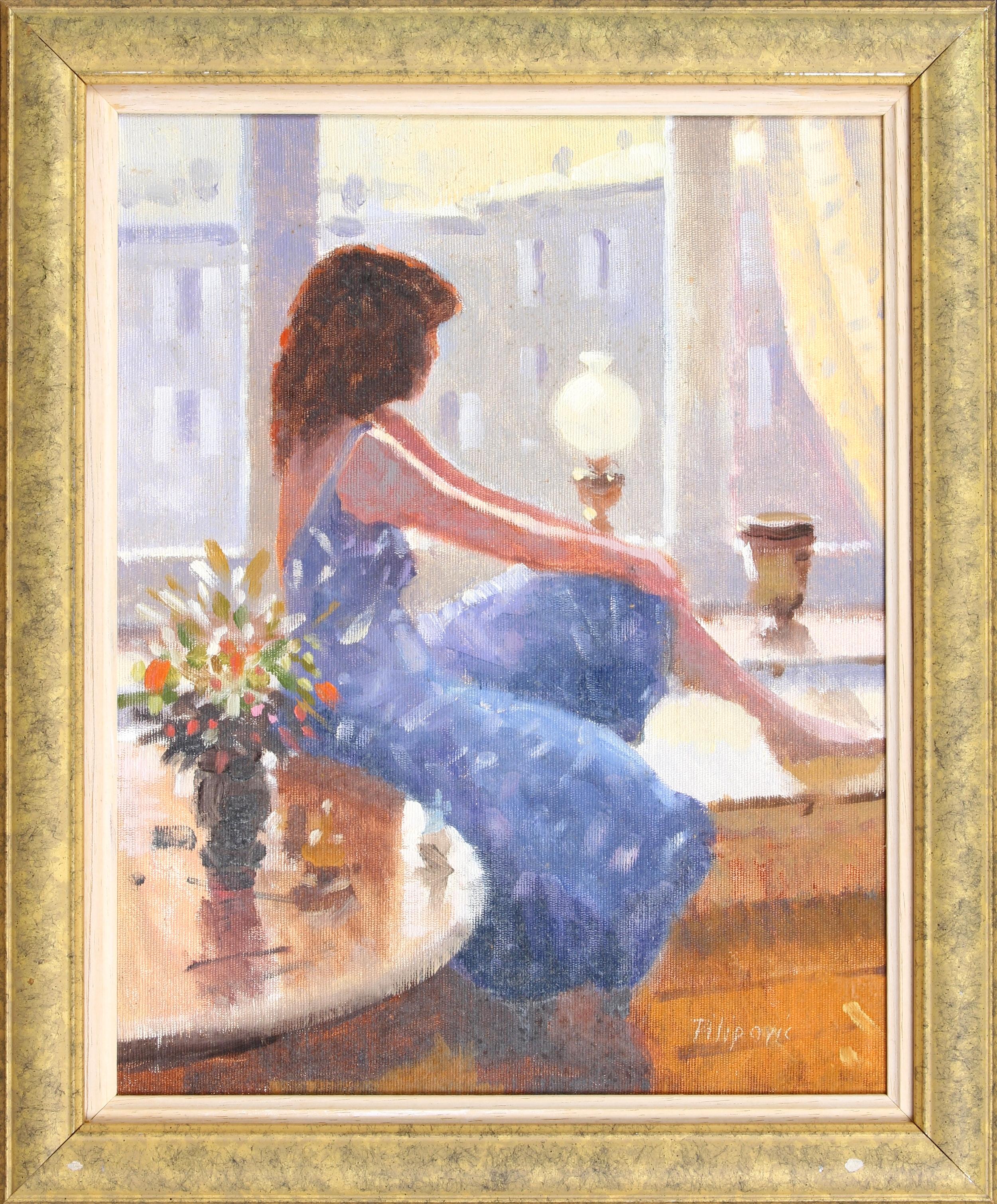 Zlatan Pilipovic Portrait Painting - Lady in the Artist's Studio - Beautiful Dappled Light Portrait Oil Painting