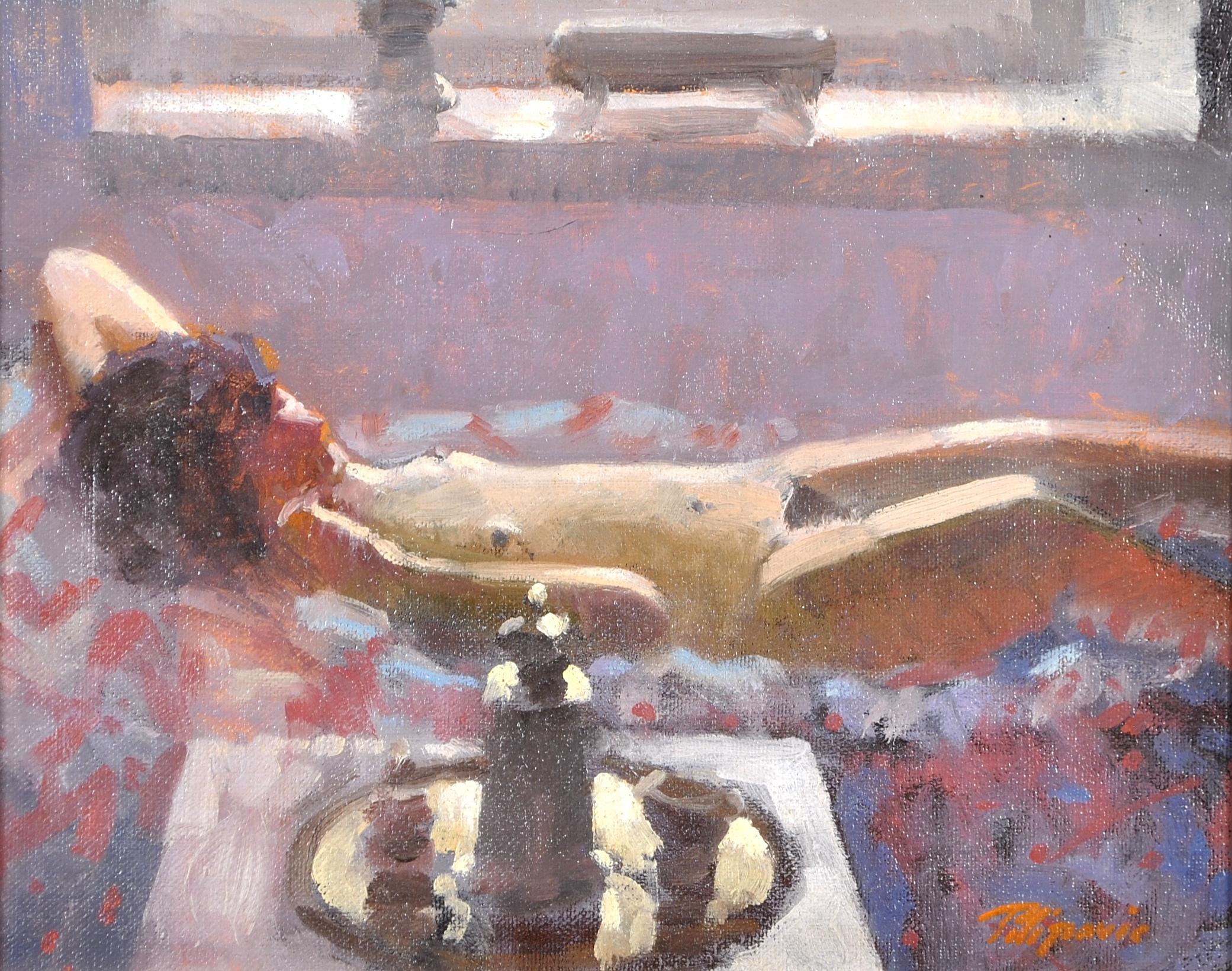Akt im liegenden Akt – Lady in the Artist's Studio, Ölgemälde mit appliziertem Licht – Painting von Zlatan Pilipovic