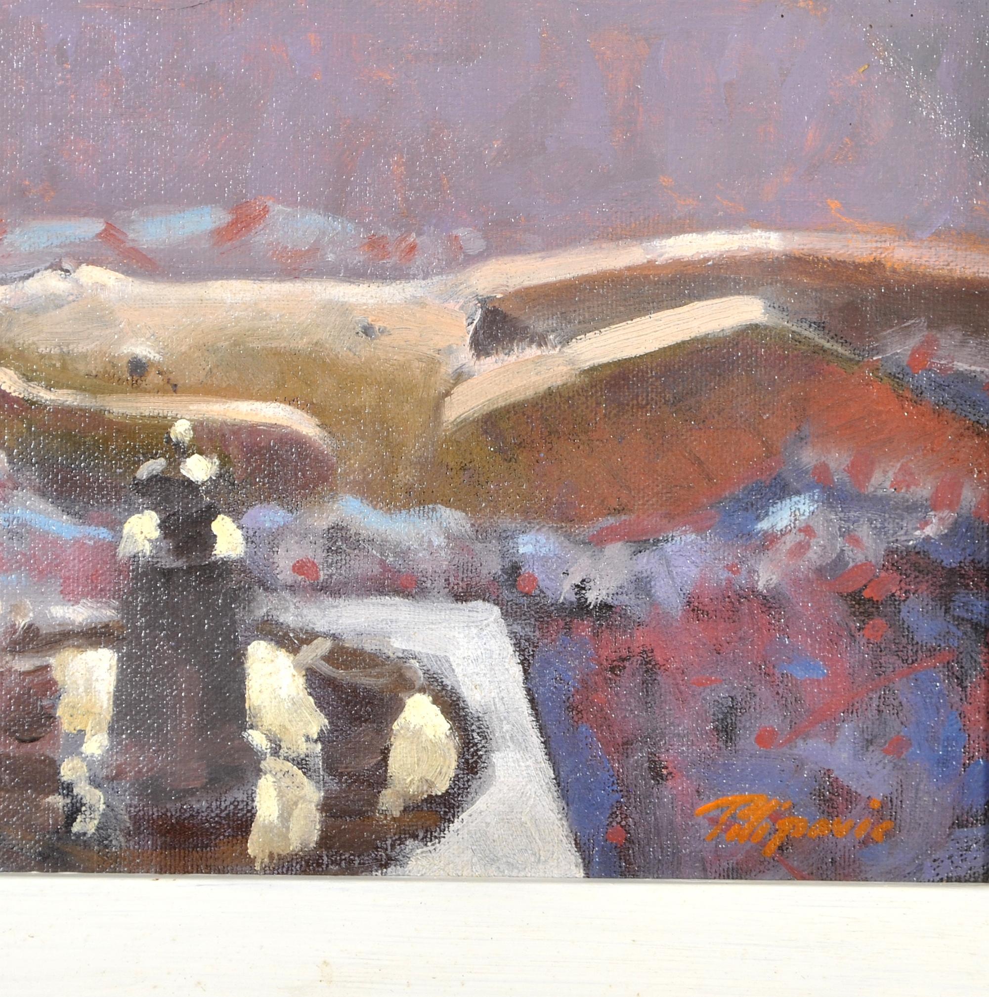 Une belle huile impressionniste sur panneau de Zlatan Pilipovic représentant une femme nue allongée sur une couverture dans l'atelier de l'artiste. L'œuvre est très bien peinte avec une merveilleuse lumière pommelée qui est typique de l'artiste. Un