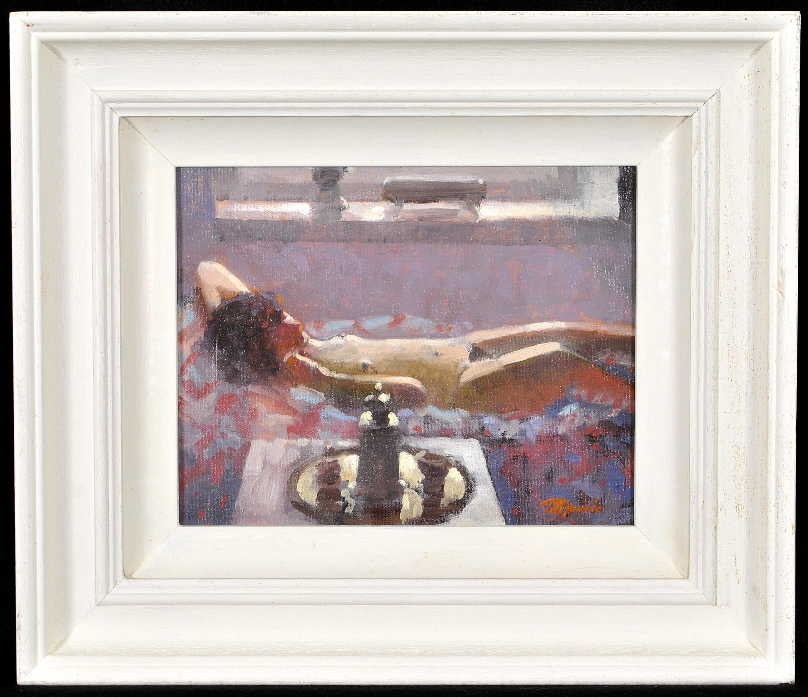 Zlatan Pilipovic Figurative Painting – Akt im liegenden Akt – Lady in the Artist's Studio, Ölgemälde mit appliziertem Licht