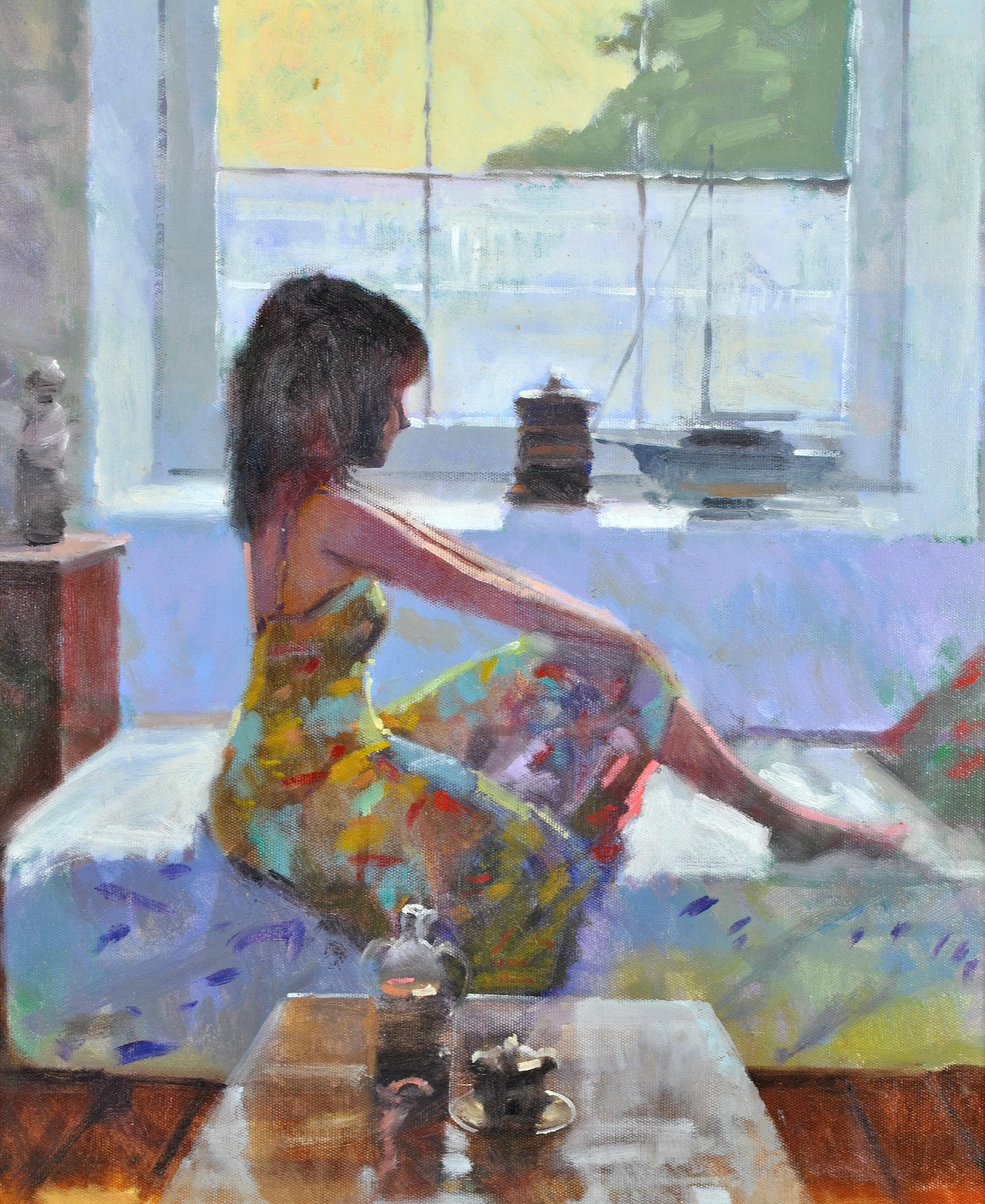 Jeune femme sur une chaise longue - Peinture à l'huile impressionniste d'intérieur - Portrait - Impressionnisme Painting par Zlatan Pilipovic