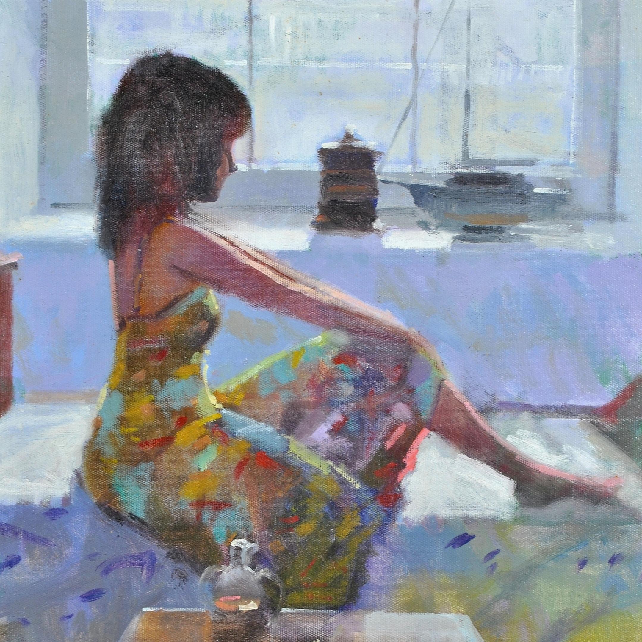 Jeune femme sur une chaise longue - Peinture à l'huile impressionniste d'intérieur - Portrait 1
