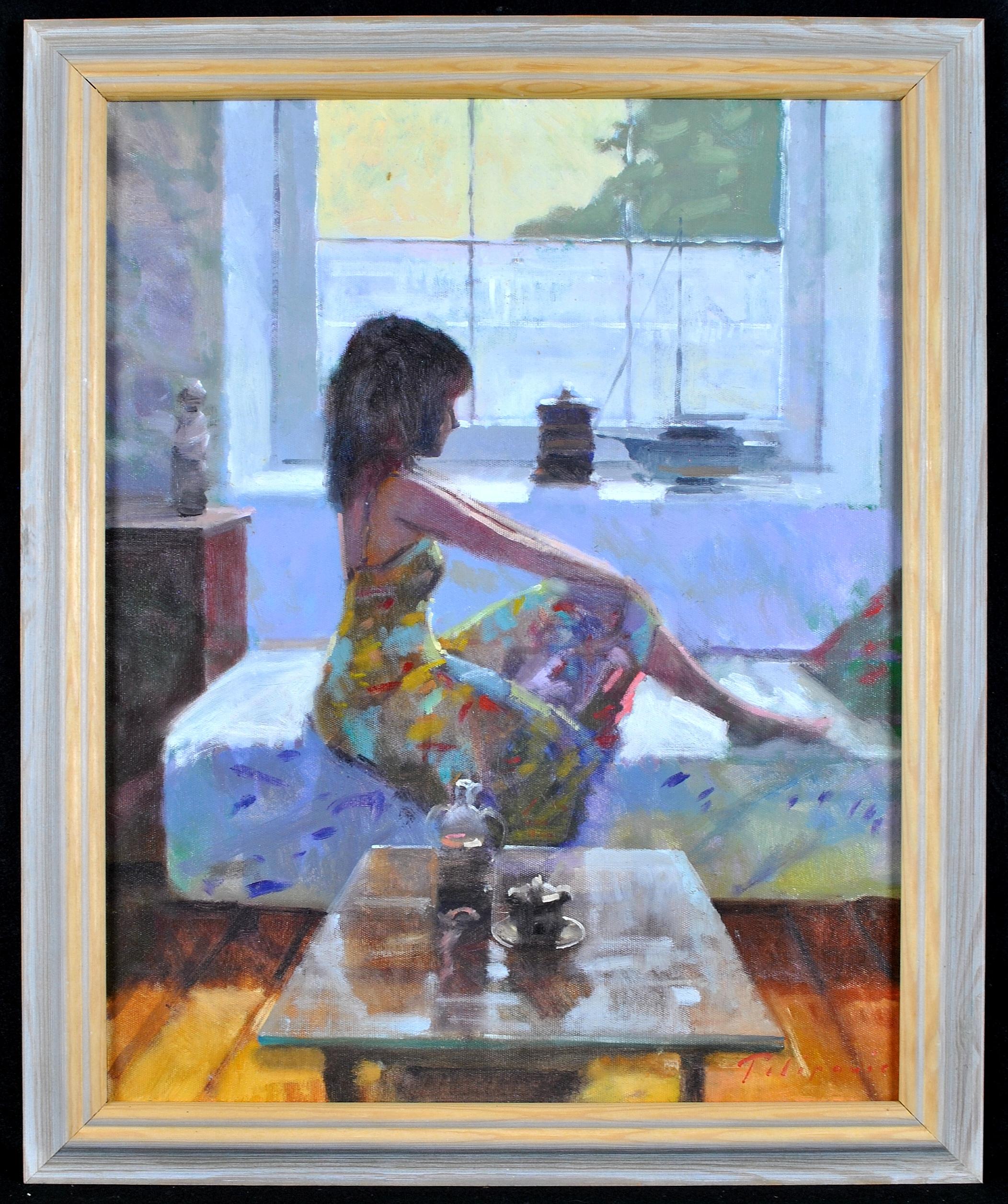 Portrait Painting Zlatan Pilipovic - Jeune femme sur une chaise longue - Peinture à l'huile impressionniste d'intérieur - Portrait