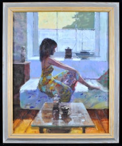 Eine junge Dame auf einer Chaiselongue – Impressionistisches Porträt-Interieur-Ölgemälde